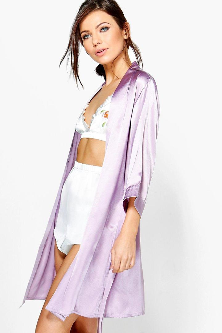 Boohoo Bella Satin Tie Waist Kimono Robe Lilac