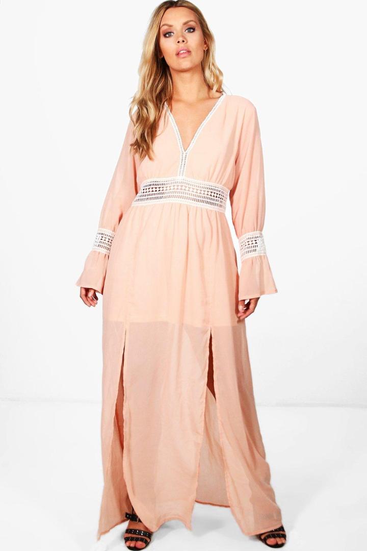 Boohoo Plus Sadie Crochet Lace Insert Maxi Dress Nude