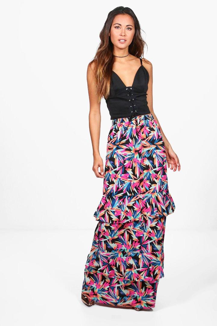 Boohoo Bali Palm Print Ruffle Detail Woven Maxi Skirt Fuchsia