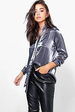 Boohoo Erin Boutique Metallic Tie Neck Shirt