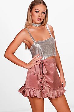 Boohoo Tali Tie Waist Wrap Ruffle Stain Mini Skirt