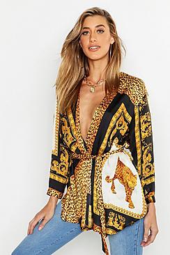 Boohoo Woven Chain Tie Waist Blouse