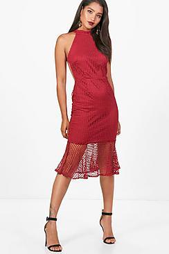 Boohoo Boutique Si Lace Strappy Frill Hem Midi Dress
