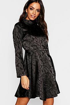 Boohoo Jacquard Satin Roll Neck Skater Dress