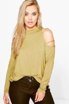 Boohoo Plus Briony Strappy Cut Out Shoulder Top Olive