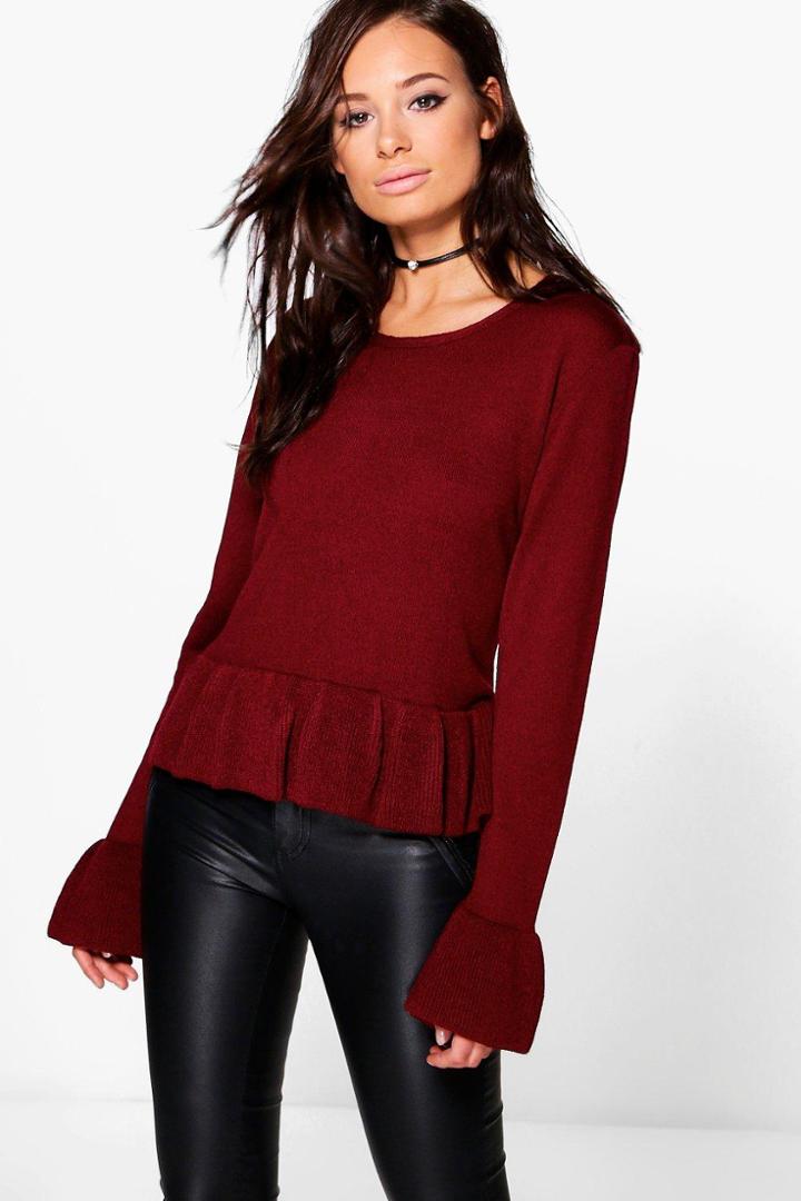 Boohoo Karina Ruffle Sleeve & Hem Jumper Wine
