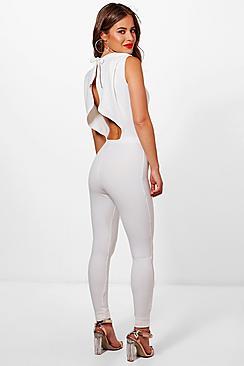 Boohoo Petite Dani Open Frill Back Skinny Leg Jumpsuit
