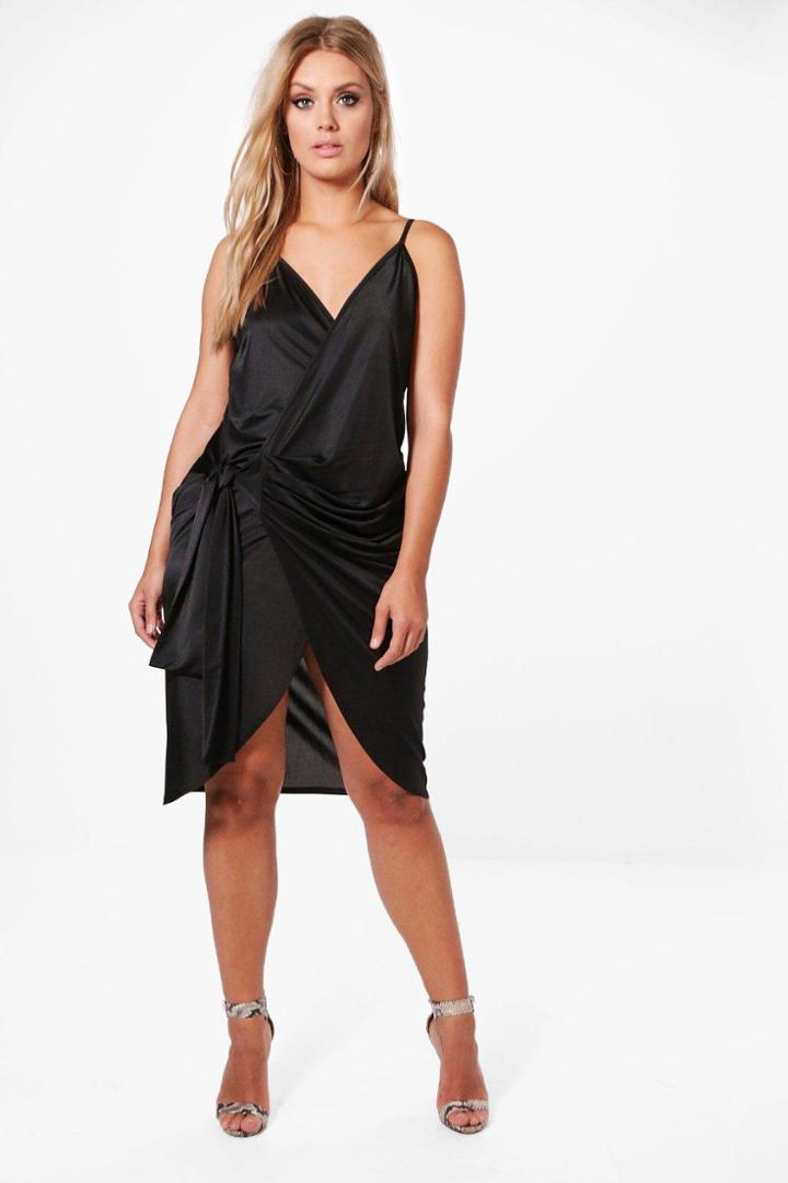 Boohoo Plus Ava Slinky Strappy Knot Wrap Midi Dress Black