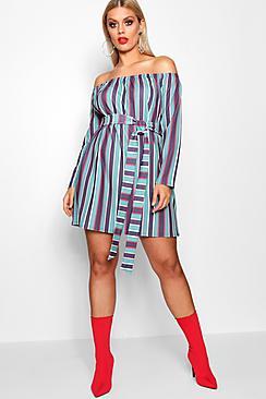 Boohoo Plus Amanda Off Shoulder Stripe Tie Waist Dress