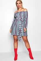 Boohoo Plus Amanda Off Shoulder Stripe Tie Waist Dress