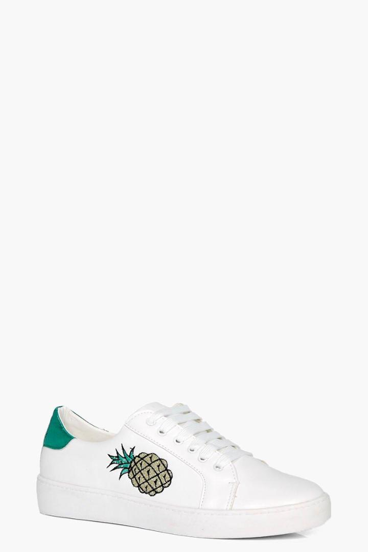 Boohoo Emma Pineapple Embroidered Trainer Green