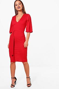Boohoo Petite Kimono Sleeve Tie Waist Midi Dress