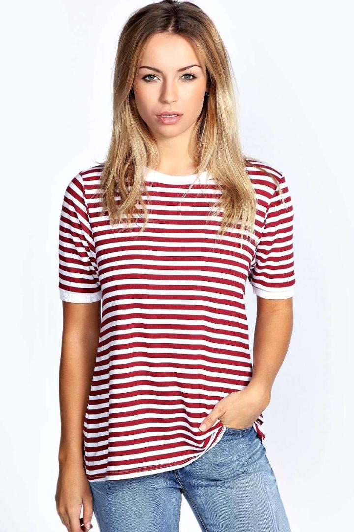 Boohoo Eva Fine Stripe Rib Cuff & Neck Top Wine