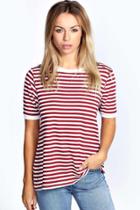 Boohoo Eva Fine Stripe Rib Cuff & Neck Top Wine