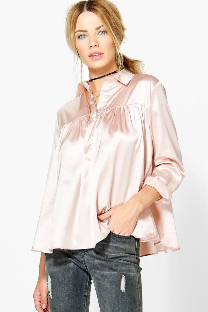 Boohoo Eliana Satin Long Sleeve Blouse Nude