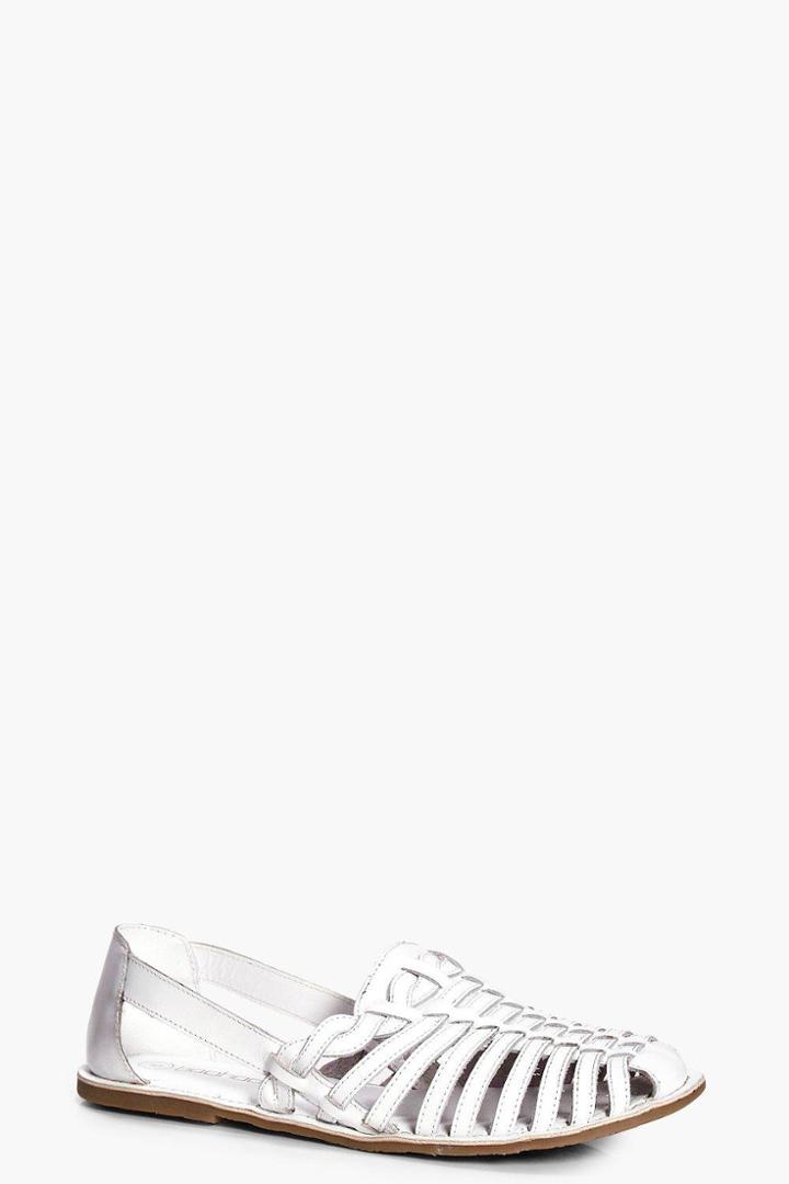 Boohoo Clara Leather Woven And Plaited Strap Ballet White