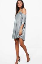 Boohoo Paige Metallic Cold Shoulder Dress Grey