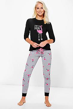 Boohoo Flamingo Pj Long Sleeve Jogger Set