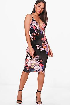 Boohoo Emily Floral Velvet Print Midi Dress