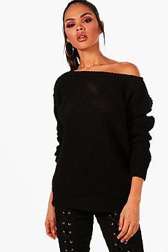 Boohoo Annie Slash Neck Knitted Jumper