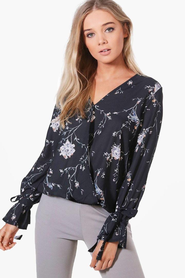 Boohoo Jennifer Printed Wrap Over Blouse Black