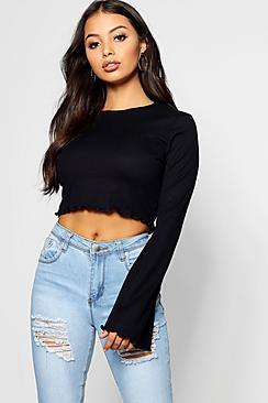 Boohoo Petite Wide Sleeve Lettuce Hem Crop Top