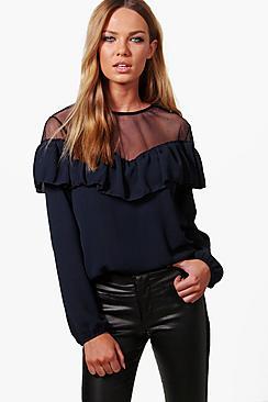 Boohoo Amber Mesh Detail Ruffle Top