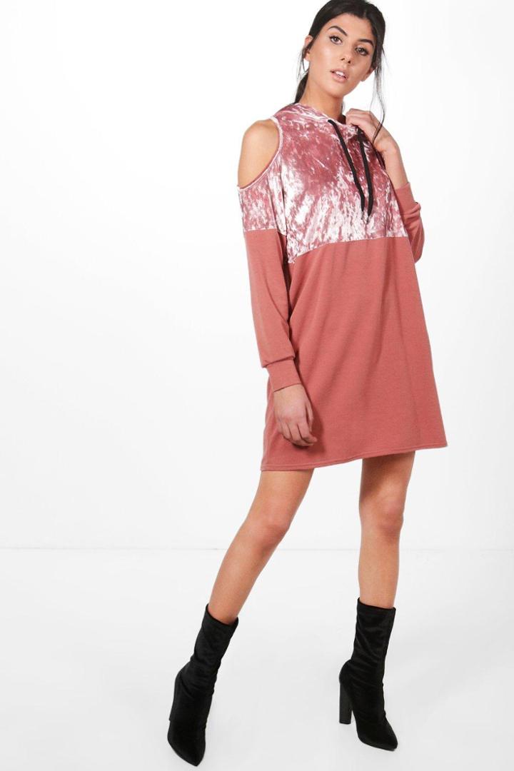 Boohoo Lily Velvet Colour Block Sweat Shirt Dress Pink