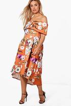 Boohoo Plus Tia Floral Off The Shoulder Midi Skater Dress