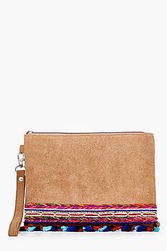 Boohoo Bella Boutique Embellished Pom Suede Clutch