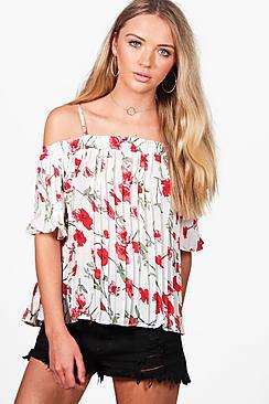 Boohoo Ria Rose Print Pleated Cold Shoulder Top