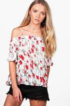 Boohoo Ria Rose Print Pleated Cold Shoulder Top