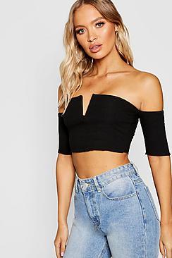 Boohoo Ribbed V Bar Short Sleeve Bardot Crop Top
