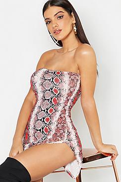 Boohoo Snake Print Bandeau Thigh Split Bodycon Dress