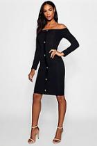 Boohoo Tall Off The Shoulder Horn Button Rib Dress