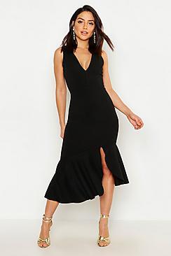 Boohoo Plunge Front Frill Hem Midi Dress