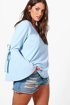 Boohoo Plus Kirsty Crepe Tie Sleeve Detail Top