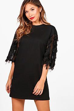 Boohoo Yolanda Tassel Sleeve Sweat Dress