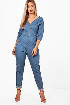 Boohoo Plus Emily U Front Denim Jumpsuit