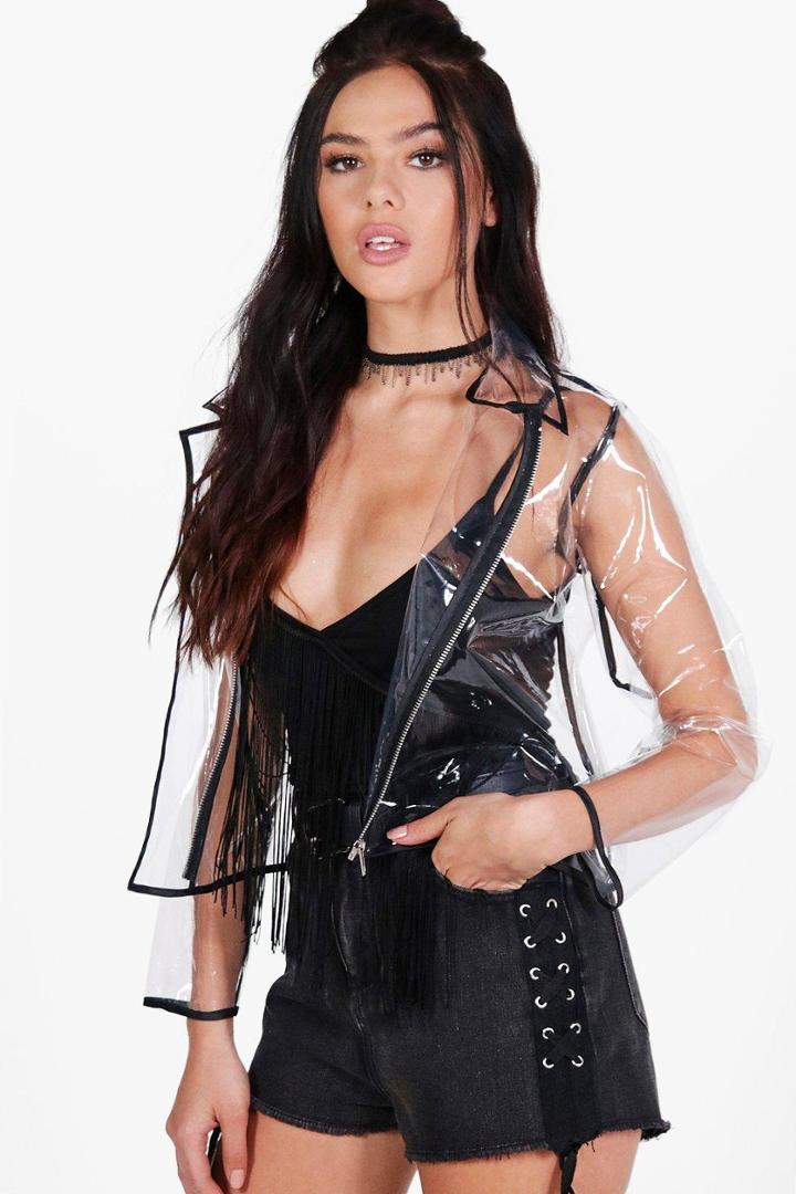 Boohoo Petite Kelly Rain Mac Biker Jacket Black