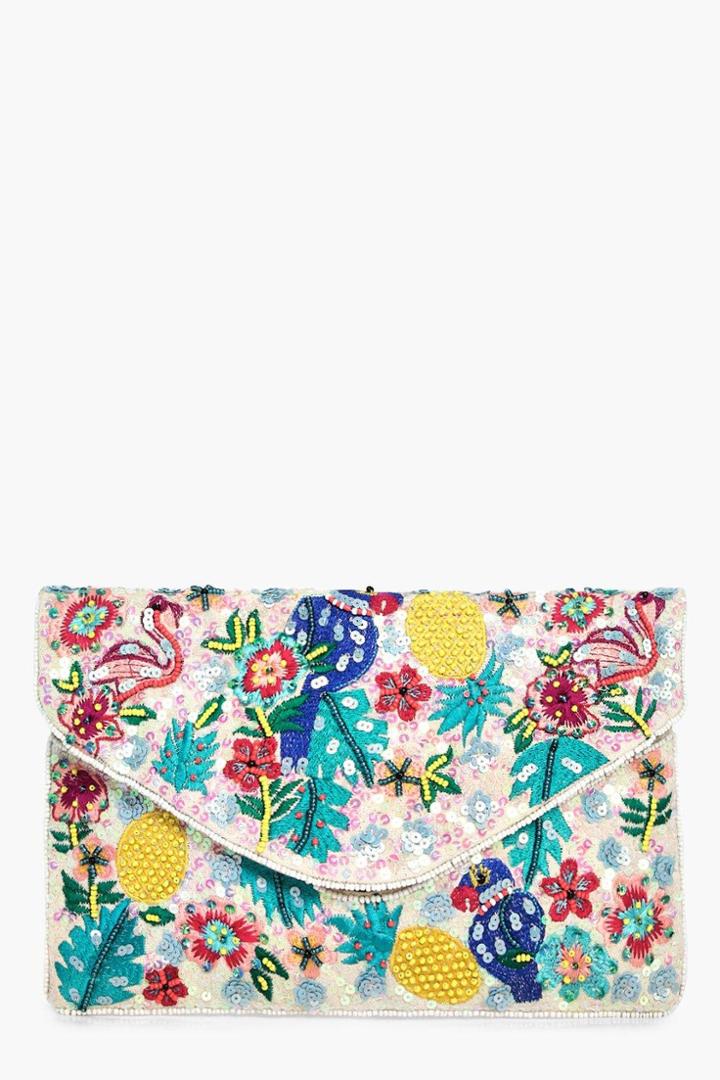 Boohoo Isabella Bird & Pineapple Embroidered Clutch Cream
