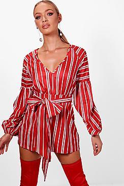 Boohoo Phoebe Striped Plunge Tie Belt Playsuit