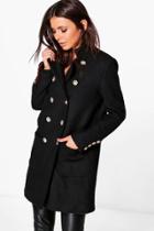 Boohoo Erin Boutique Double Breasted Military Wool Coat Black