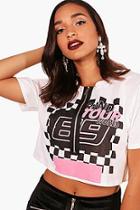 Boohoo Zip Front Moto Checkerboard Crop Tee