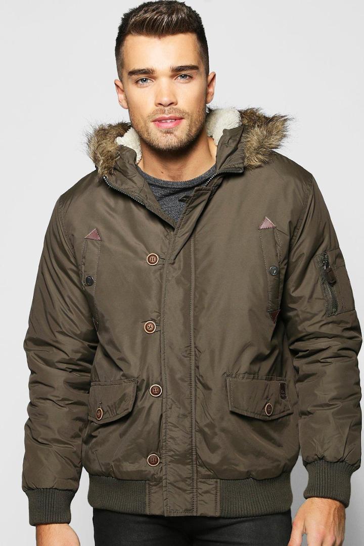 Boohoo Faux Fur Hooded Parka Bomber Khaki