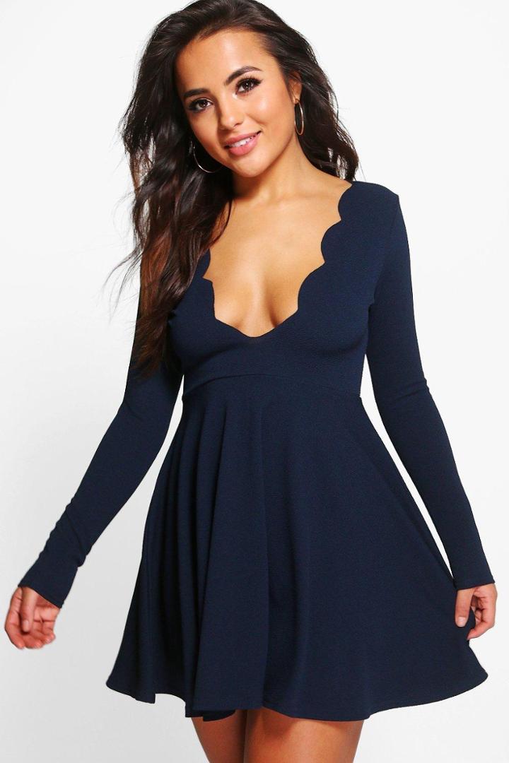 Boohoo Petite Lisa Long Sleeve Scallop Neck Skater Dress Navy