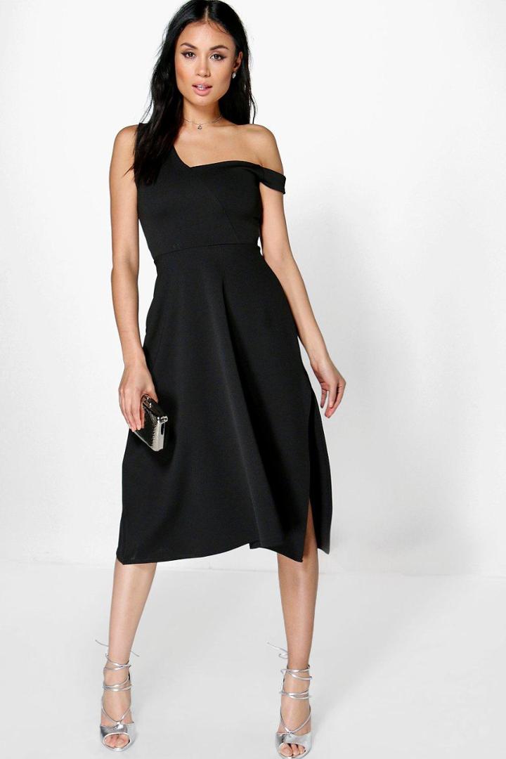 Boohoo Diana One Shoulder Side Split Midi Skater Dress Black