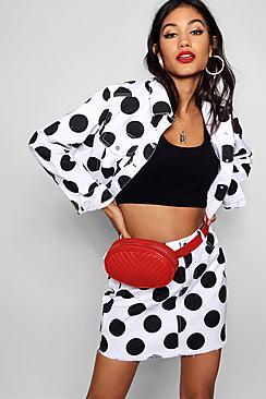 Boohoo Emma Polka Dot Denim Zip Skirt