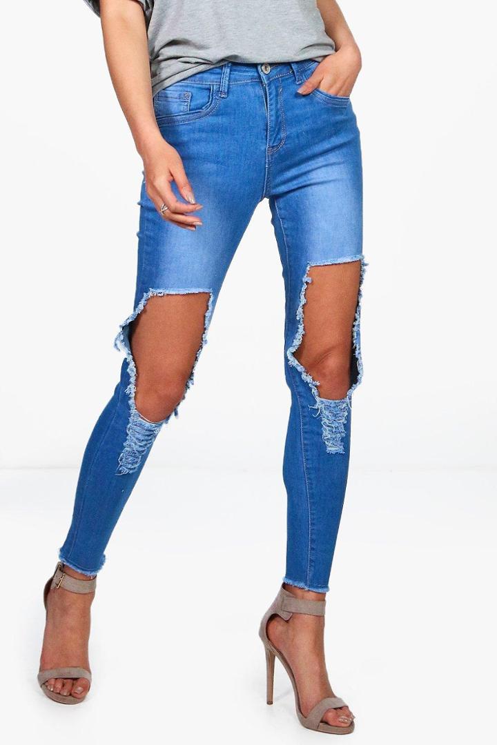 Boohoo Mia High Waist Distressed Skinny Jeans Blue