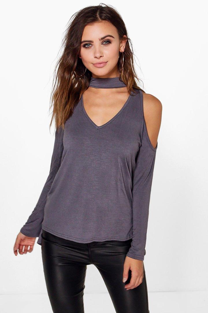 Boohoo Petite Elle Open Shoulder Bell Sleeve Choker Top Smoke